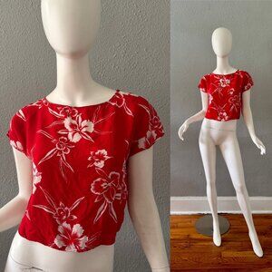 Vintage 60s 70s Red Hawaiian Tropical Crop Boho Hippie Top Blouse M
